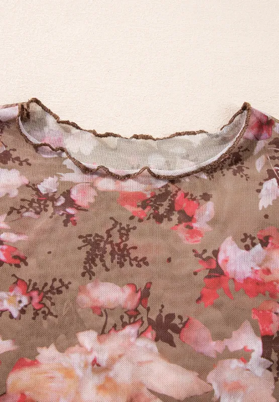 Floral Mock Neck Long Sleeve Sheer Top, image 3