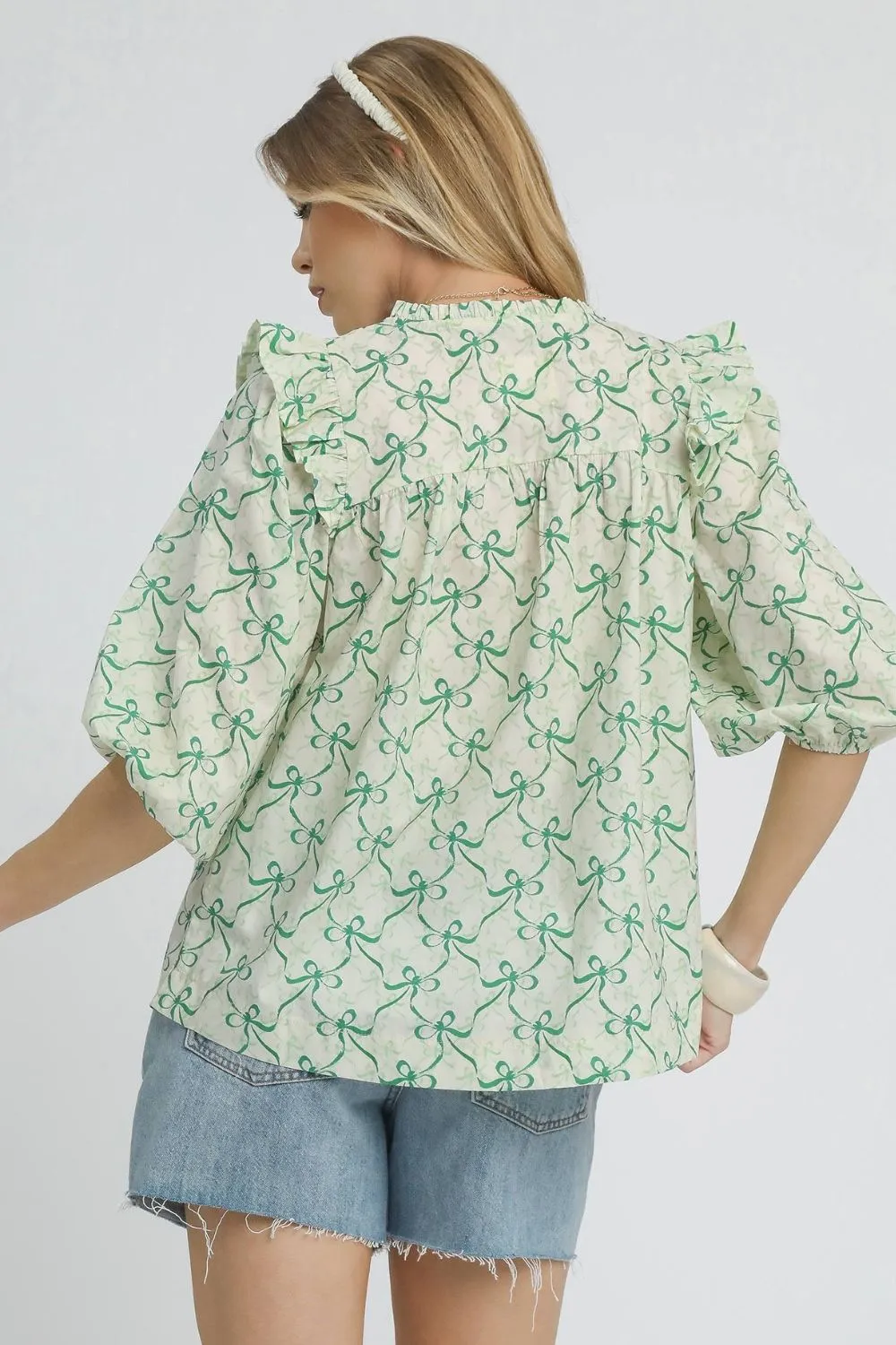 Ruffled Bow Print Notched Blouse, image 2