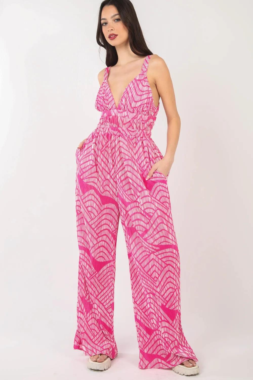 Printed Pleated Sleeveless Wide Leg Jumpsuit, image 2