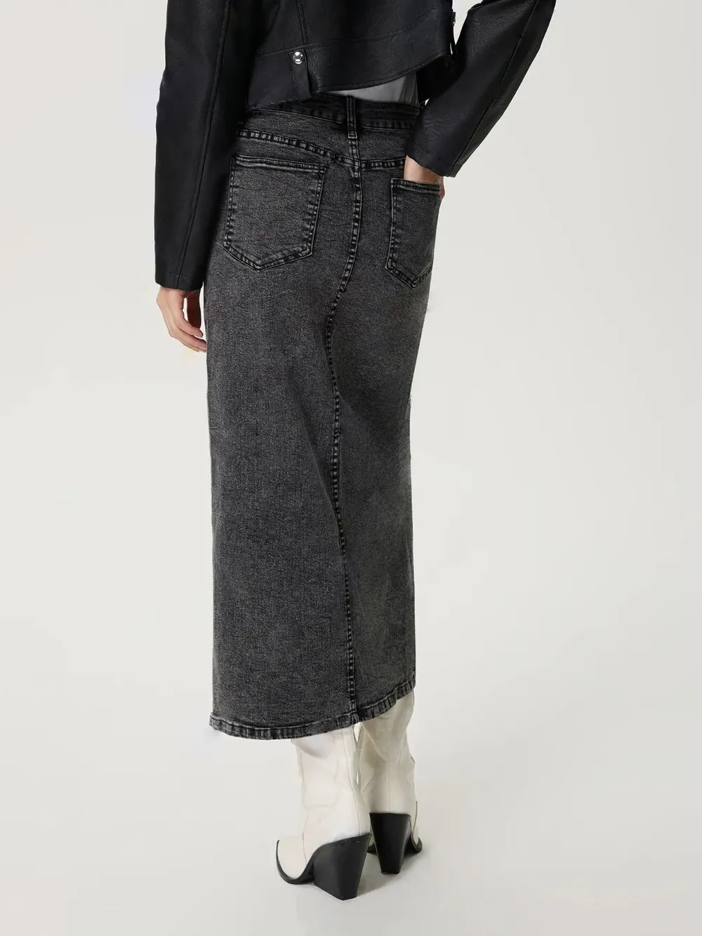 Slit Midi Denim Skirt with Pockets, image 2