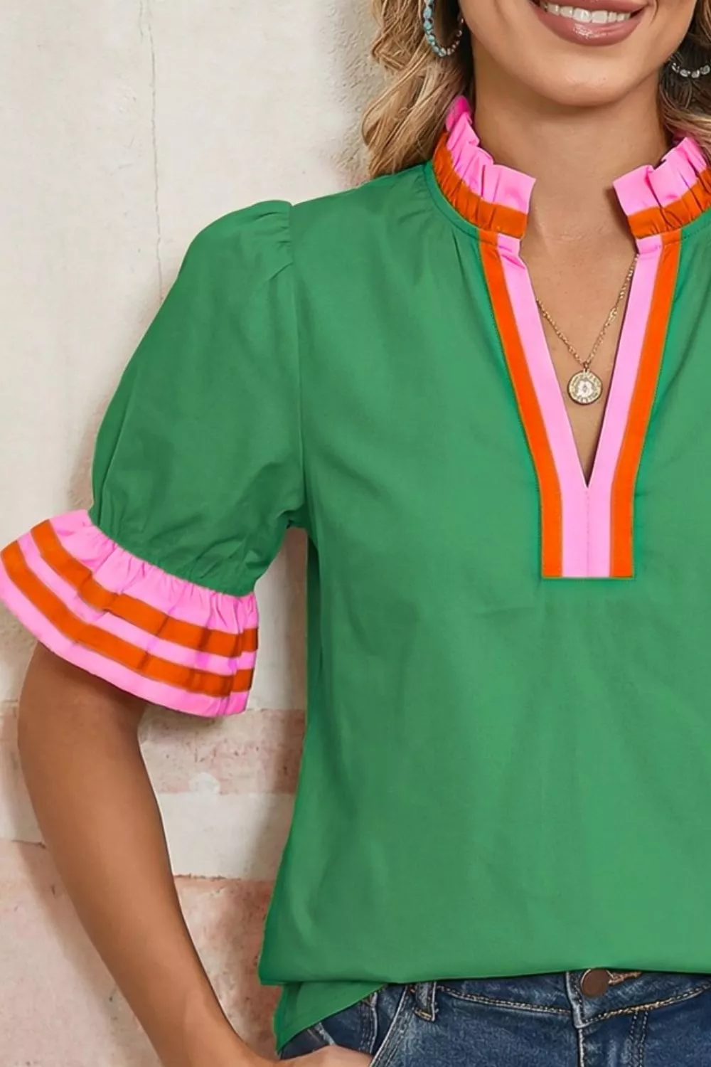 Ruffle Trim Notched Blouse, image 3