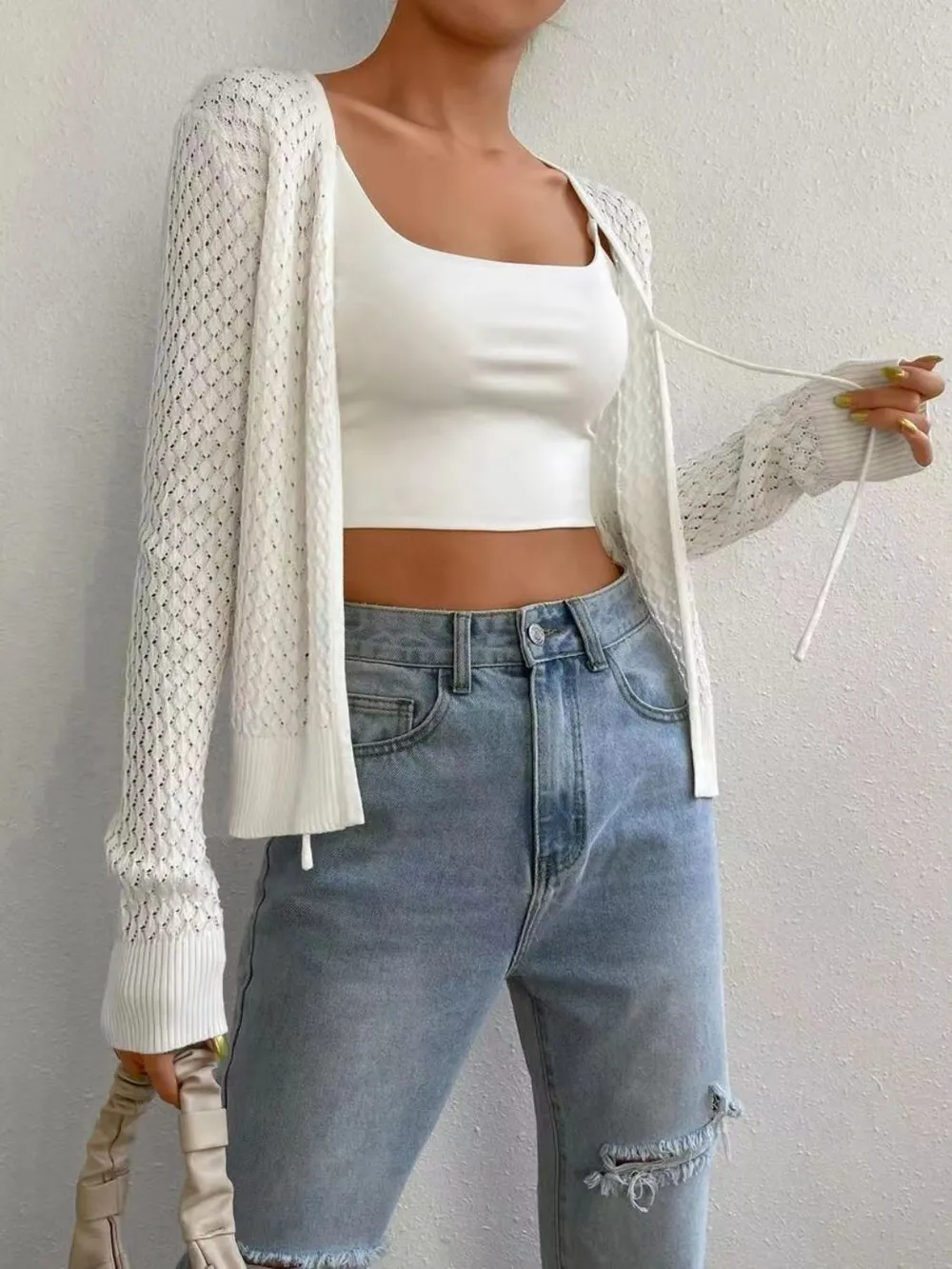 Tied Openwork V-Neck Long Sleeve Cardigan, image 5