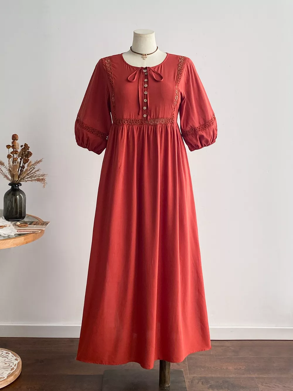 Plus Size Tie Neck Puff Sleeve Midi Dress with Lace Trim