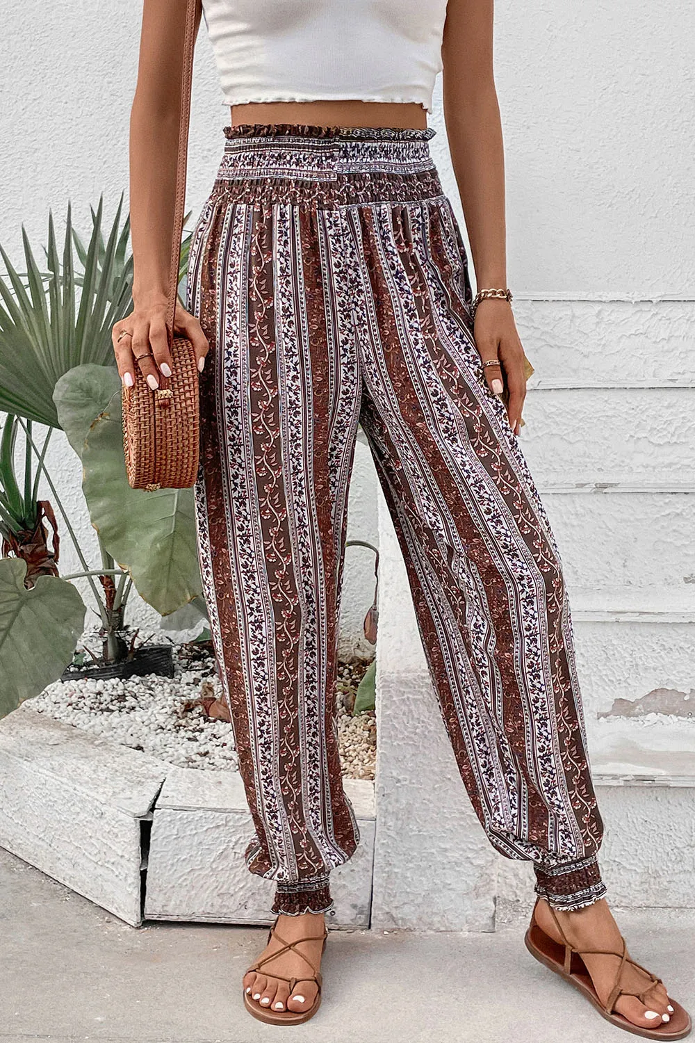 Smocked Printed High Waist Pants, image 4