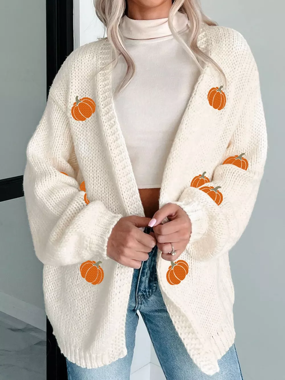 Halloween Pumpkin Embroidered Knit Cardigan, image 2