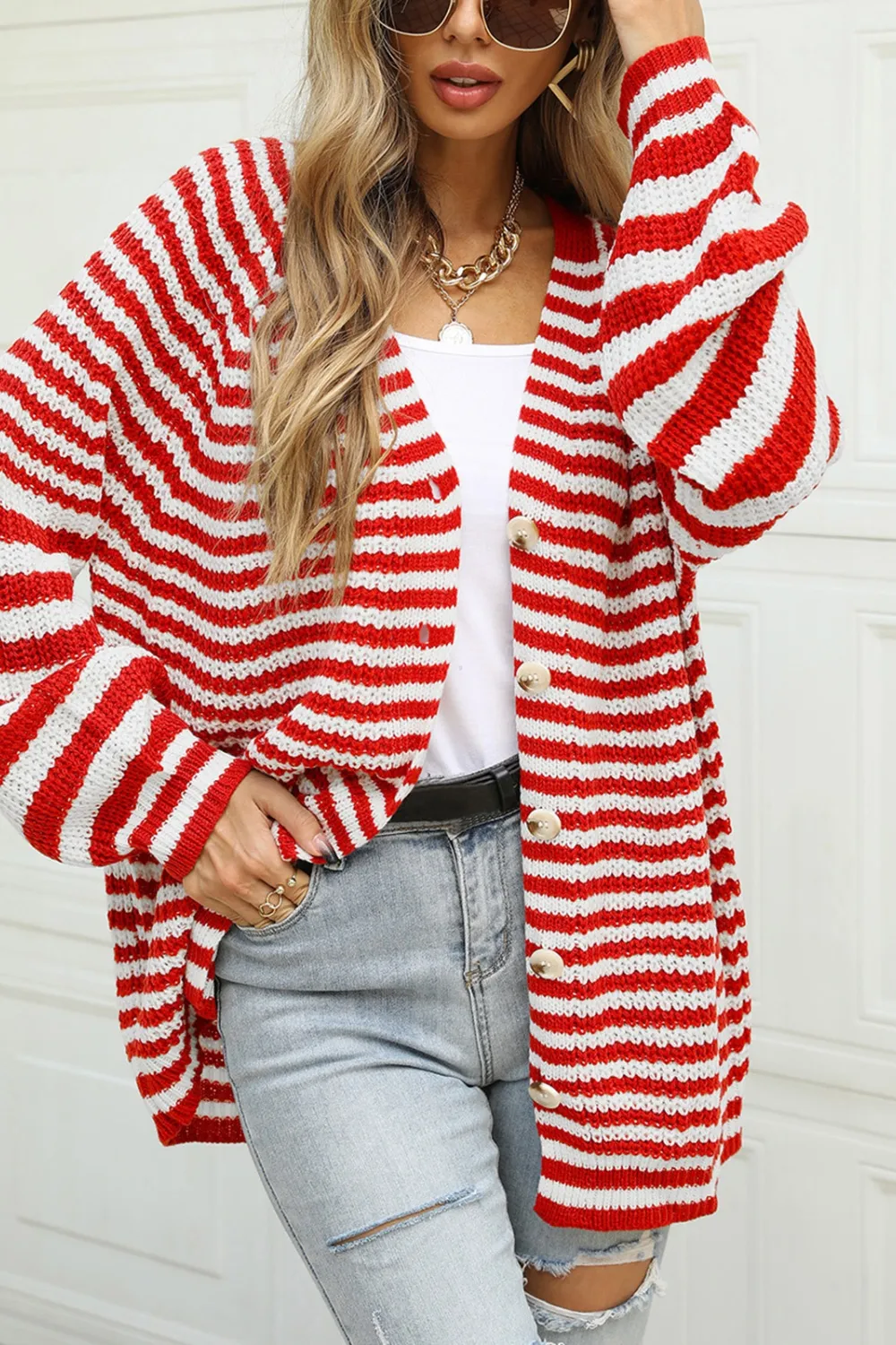 Striped Button Up Long Sleeve Cardigan, image 2