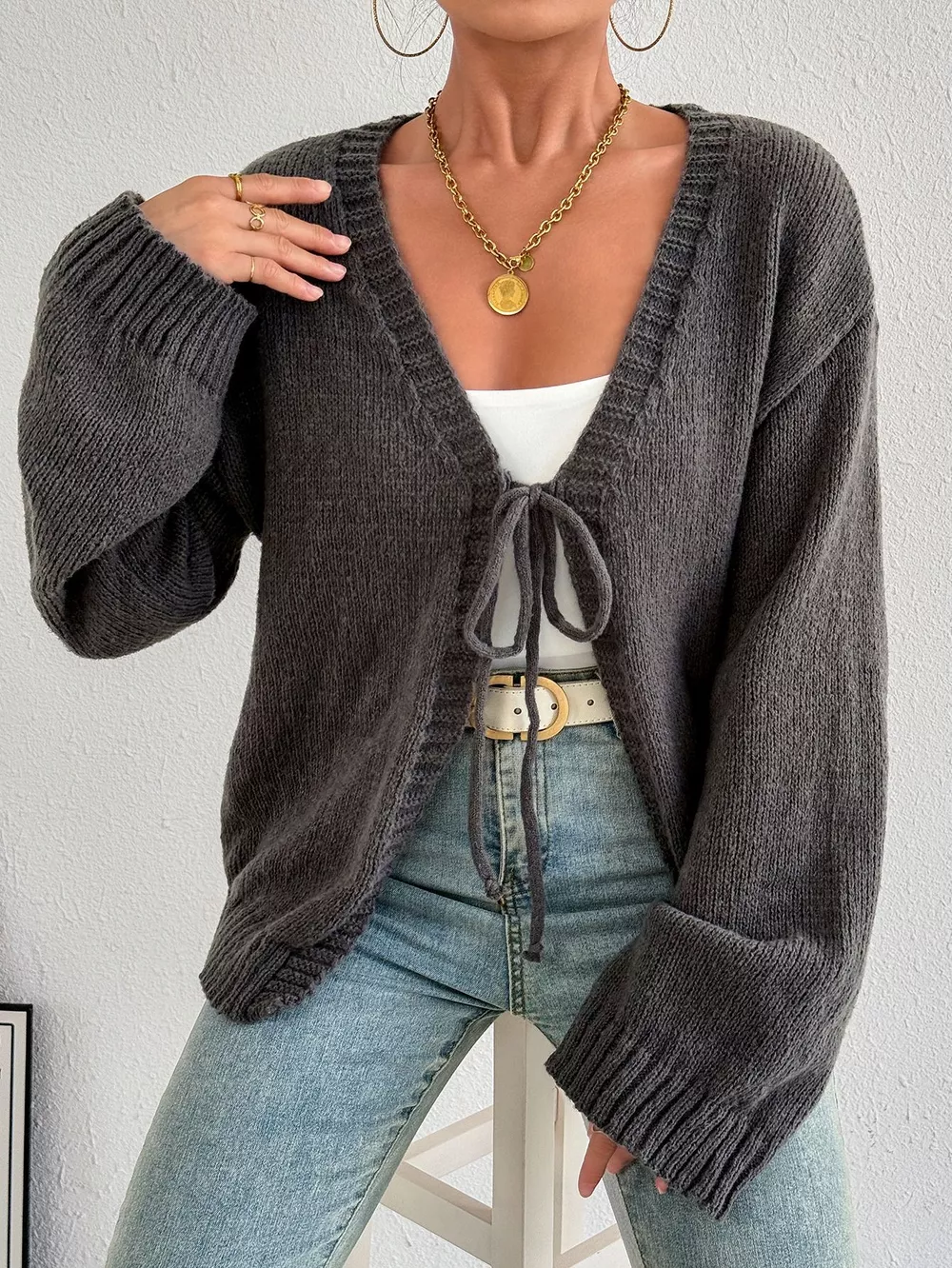 Tie-Front Dropped Shoulder Cardigan, image 3
