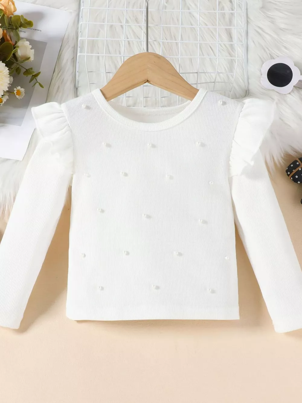Children's Ruffled Pearl Embellished Top & Faux Leather Shorts Set with Belt, image 3