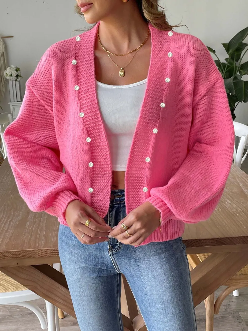 Pearl Open Front Long Sleeve Cardigan, image 5