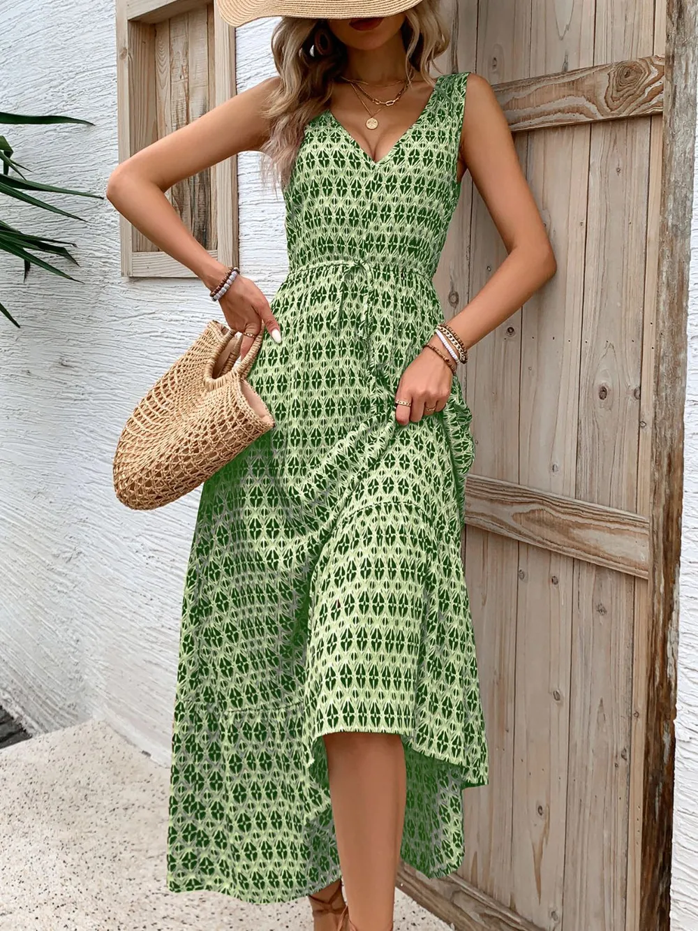 Printed V-Neck Tie Waist Midi Dress, image 8