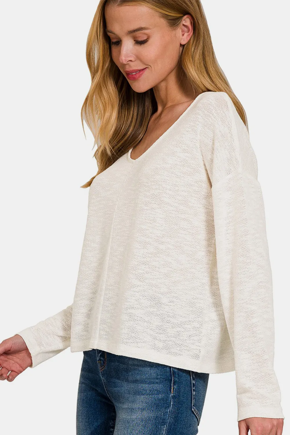 V-Neck Dropped Shoulder Long Sleeve T-Shirt, image 3