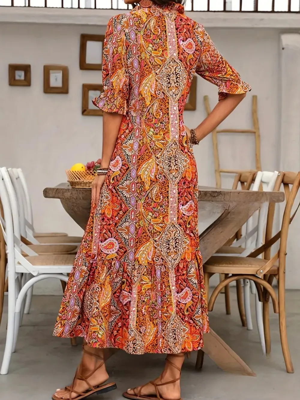 Printed Tie Neck Flounce Sleeve Midi Dress, image 5