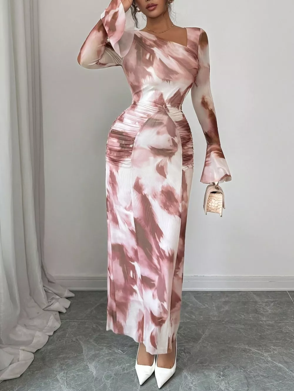 Asymmetrical Neck Long Sleeve Maxi Dress, image 2