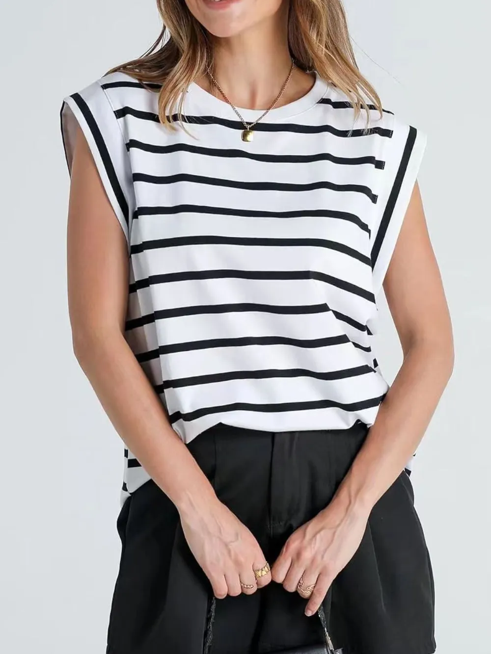 Striped Round Neck Cap Sleeve T-Shirt, image 8