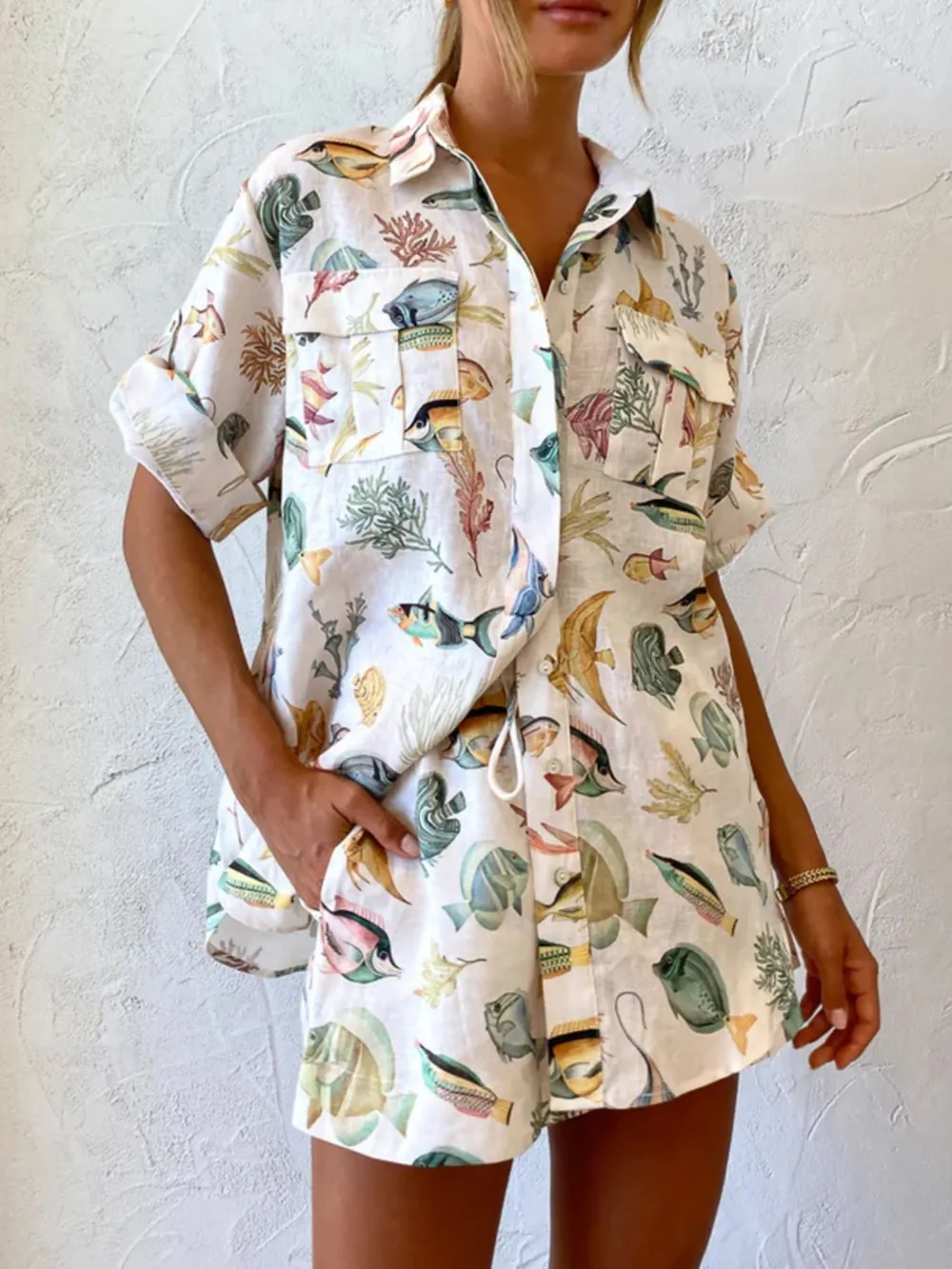Printed Button Up Shirt and Shorts Set, image 2