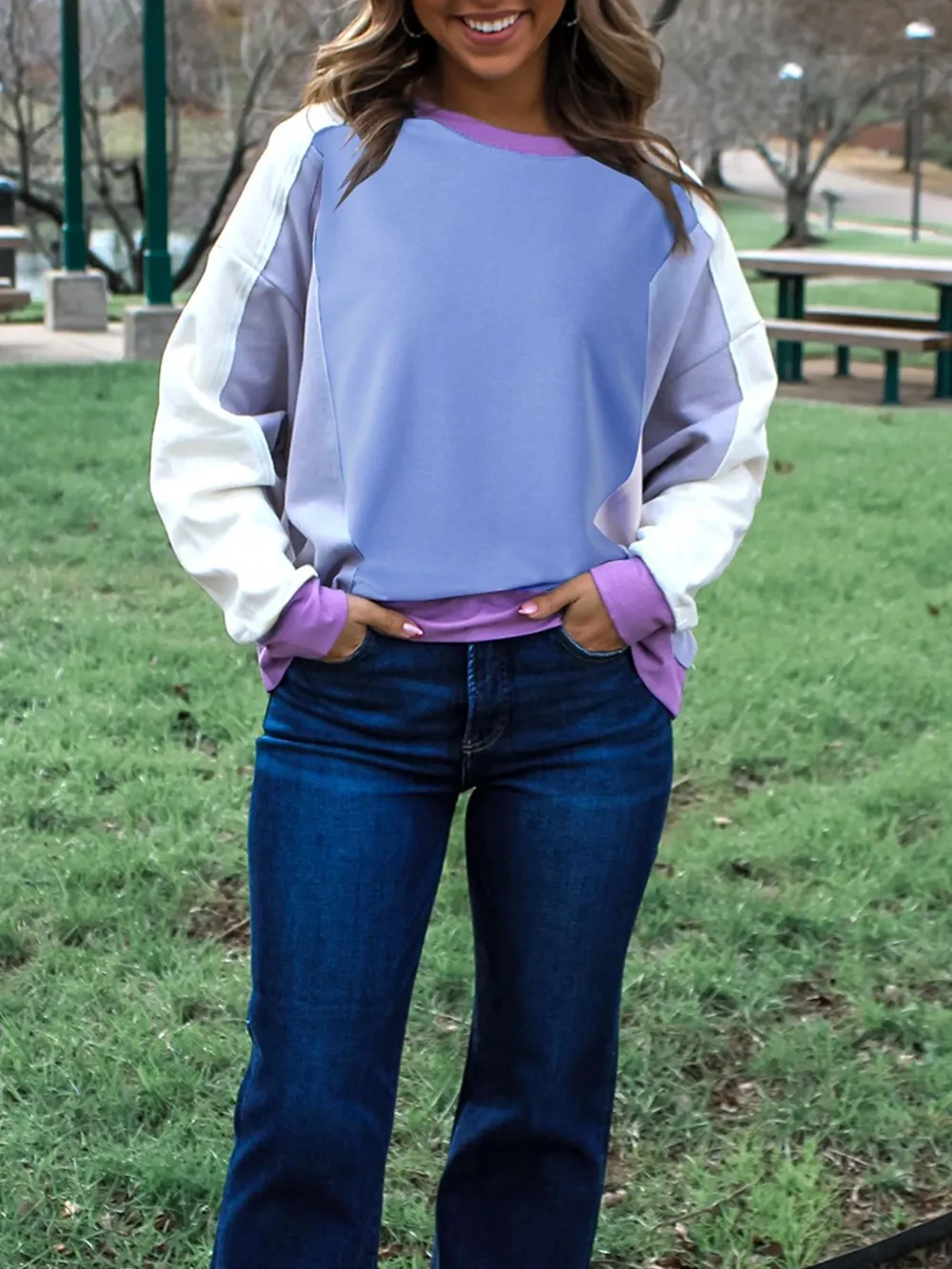 Exposed Seam Colorblock Patchwork Ribbed Trim Sweatshirt, image 3