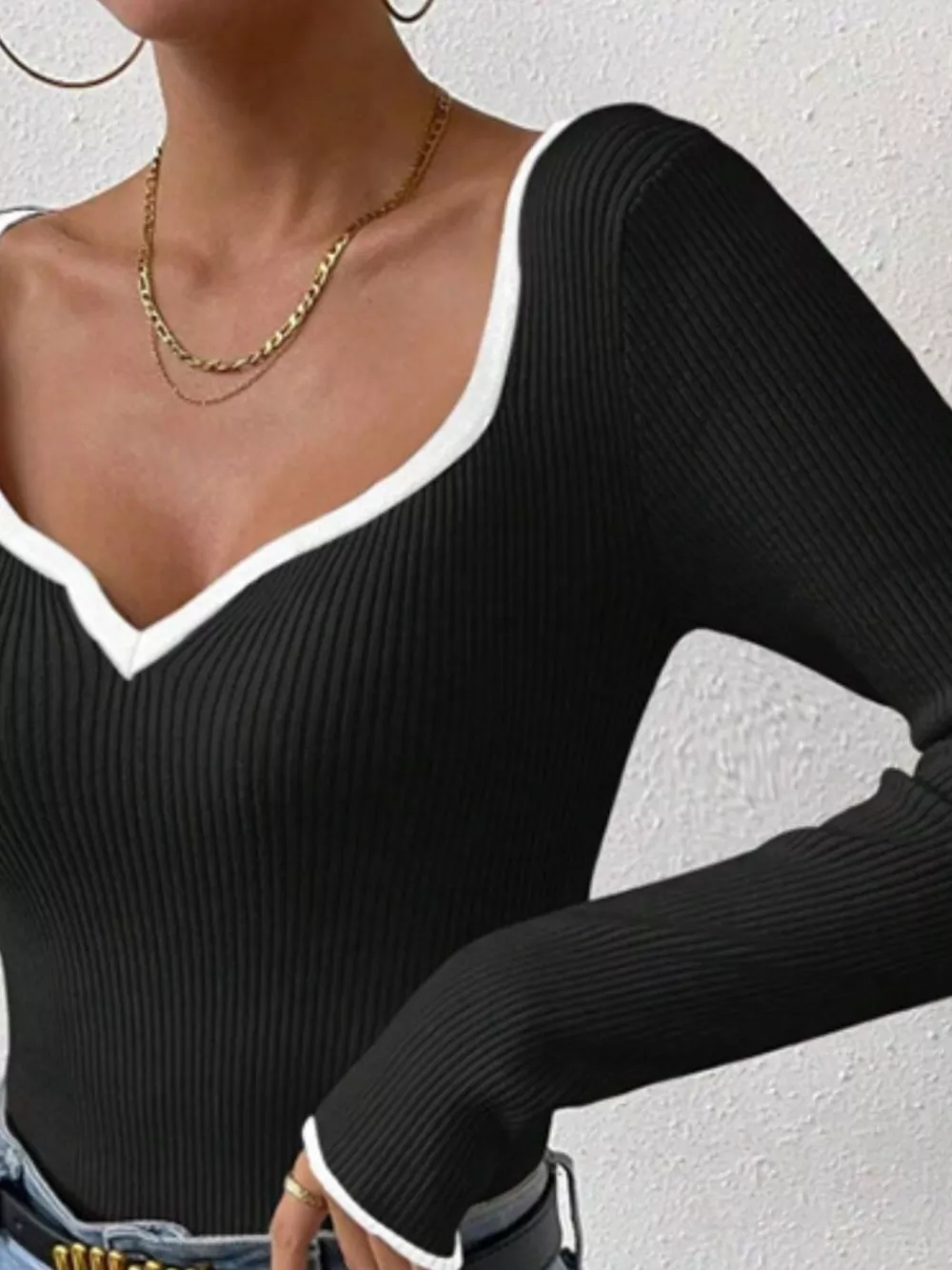 Contrast Trim Long Sleeve Knit Top, image 5