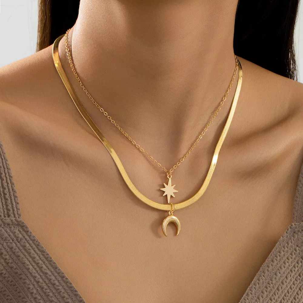 2 Piece 18K Gold-Plated Moon & Star Necklace