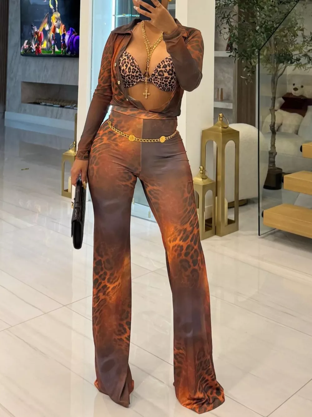 Printed Mesh Shirt and Pants Set, image 3