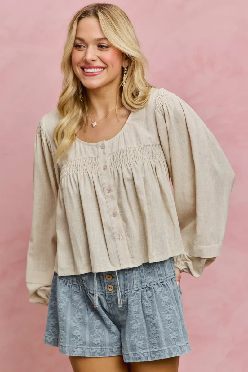Linen Blend Woven Long Sleeve With Smocking Top, image 13