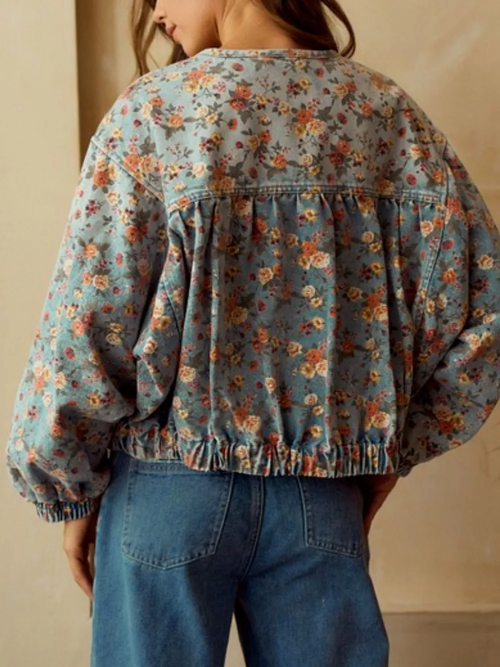 Floral Print Zip Up Cropped Denim Jacket, image 3