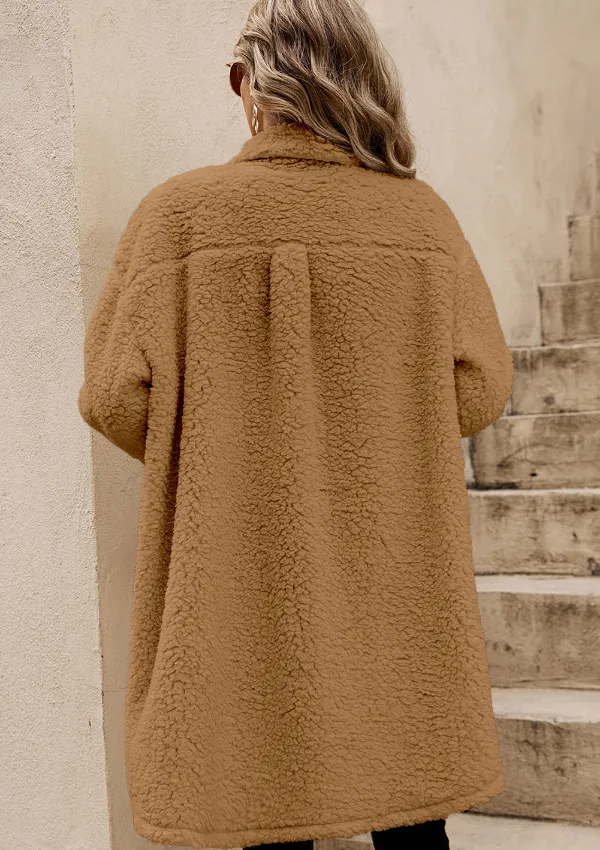 Collared Neck Long Sleeve Longline Teddy Jacket, image 11