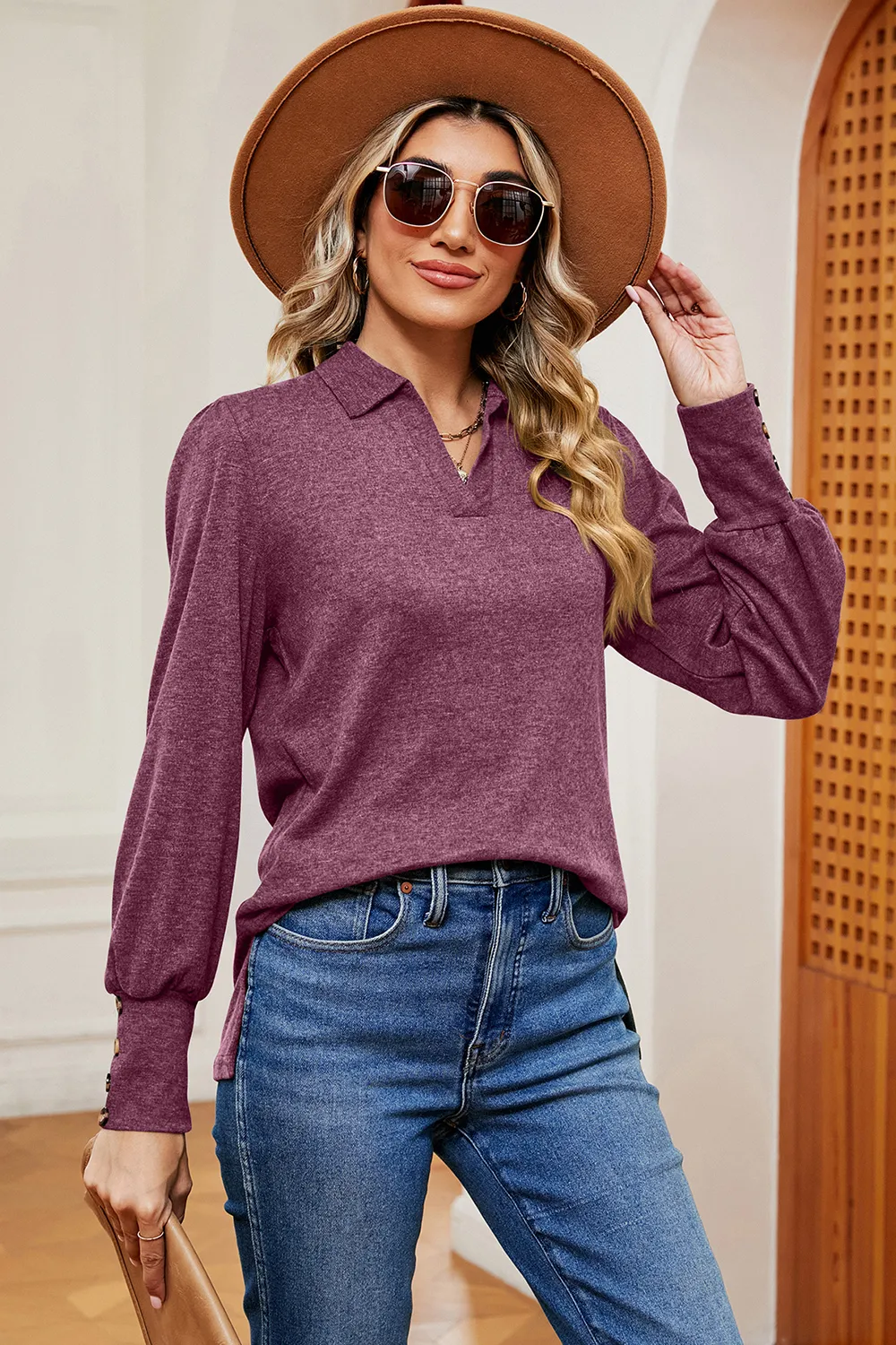 Decorative Button Johnny Collar Lantern Sleeve Blouse, image 14