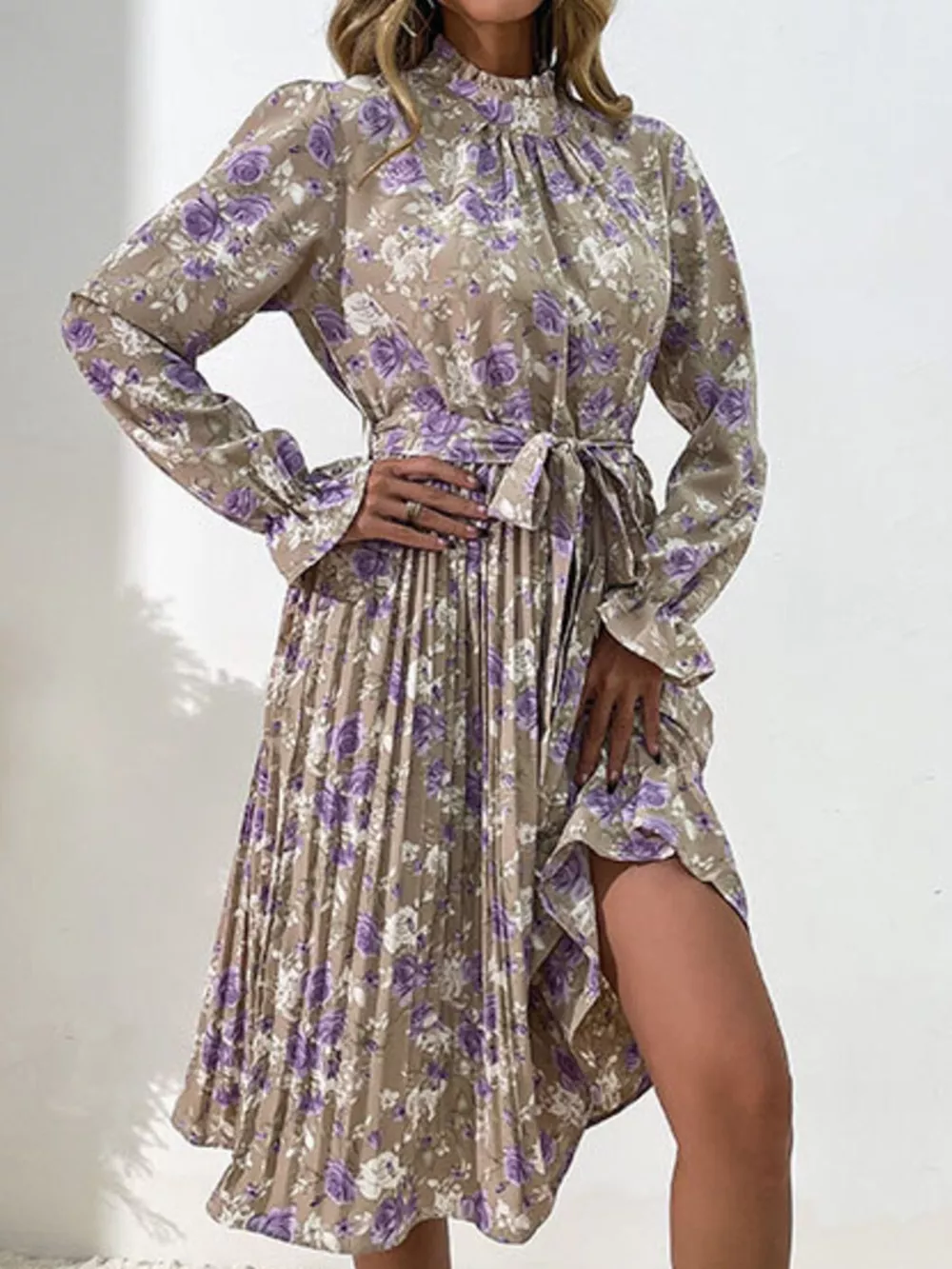 Floral Print Long Sleeve Pleated Midi Dress, image 5