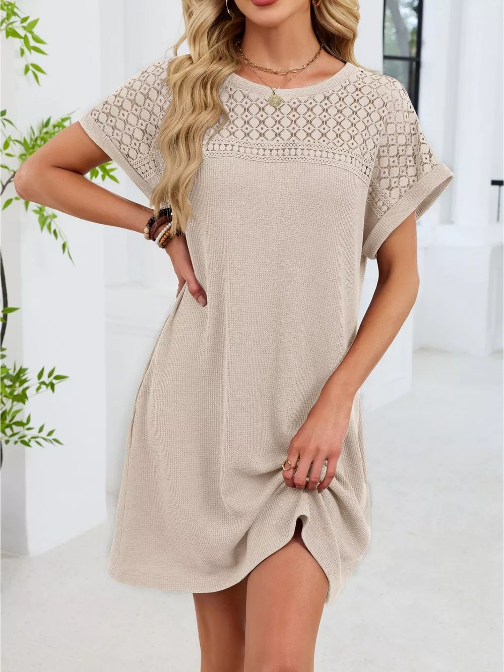Lace Round Neck Short Sleeve T-Shirt Dress, image 11