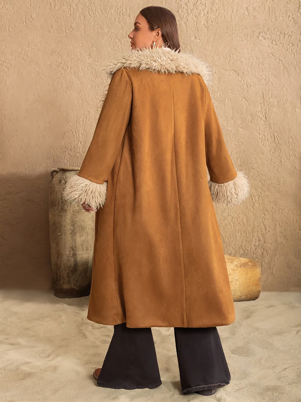 Plus Size Furry Trim Open Front Long Sleeve Coat, image 4