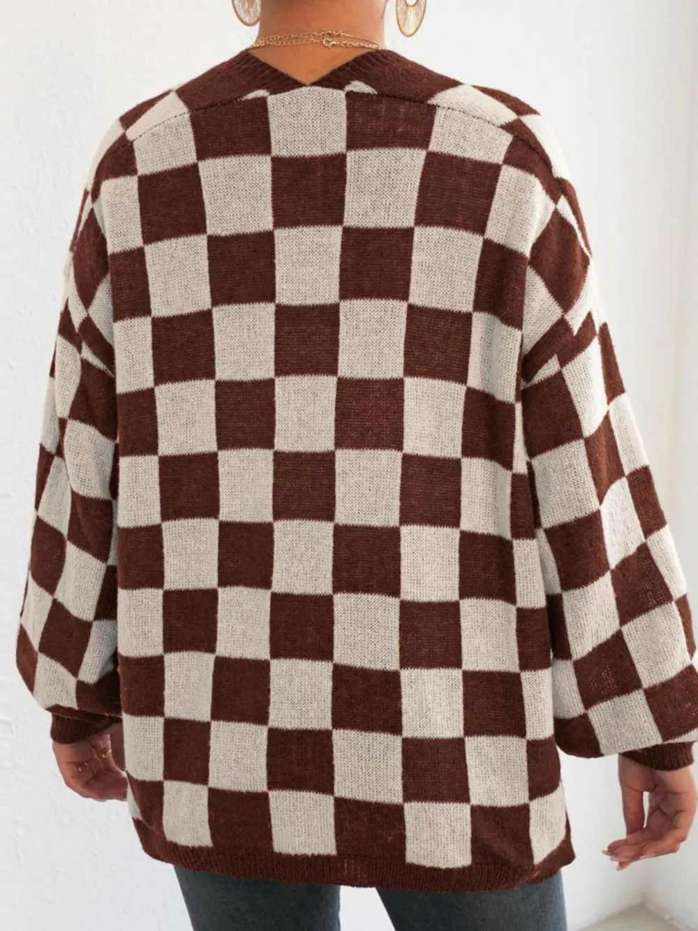Checkerboard Pattern Open Front Knit Cardigan, image 5