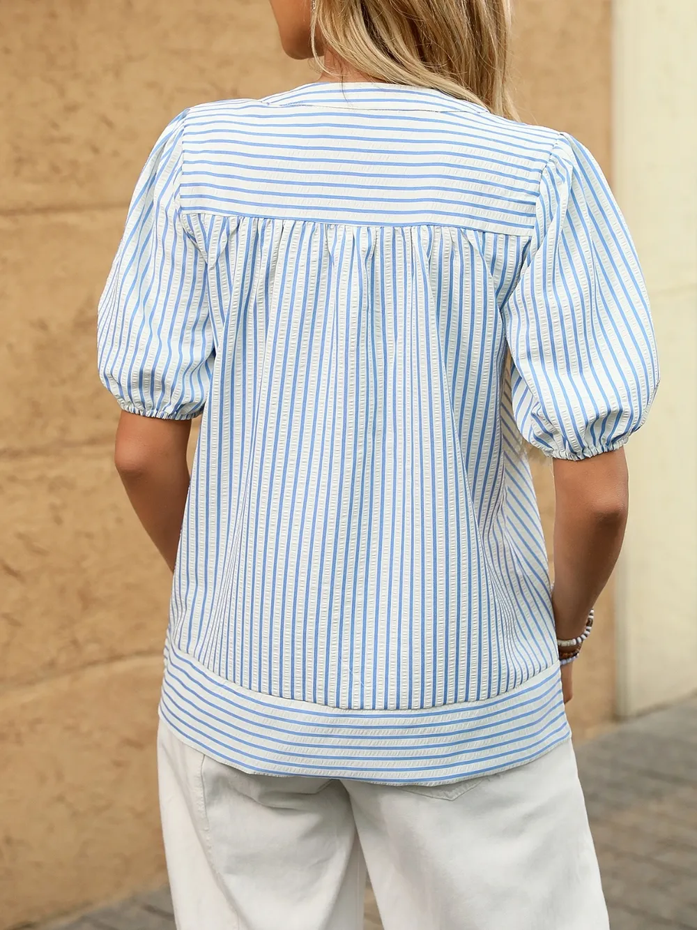 Striped Notched Puff Sleeve Blouse, image 8