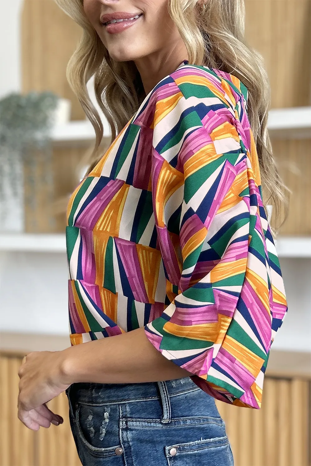 Full Size Geometric Notched Dolman Sleeve Top, image 9