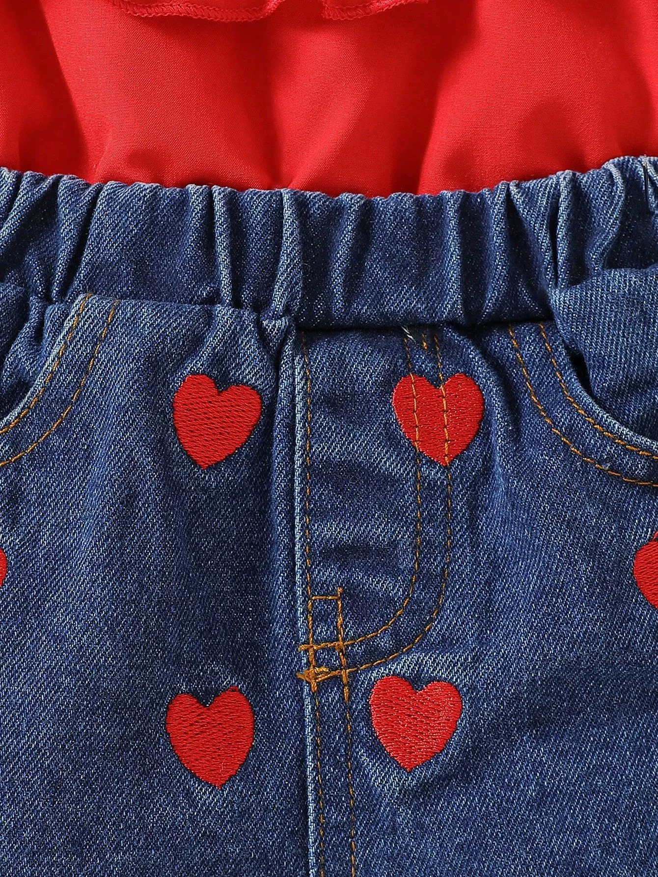 Children's Ruffled Top & Heart Embroidered Denim Shorts Set, image 5