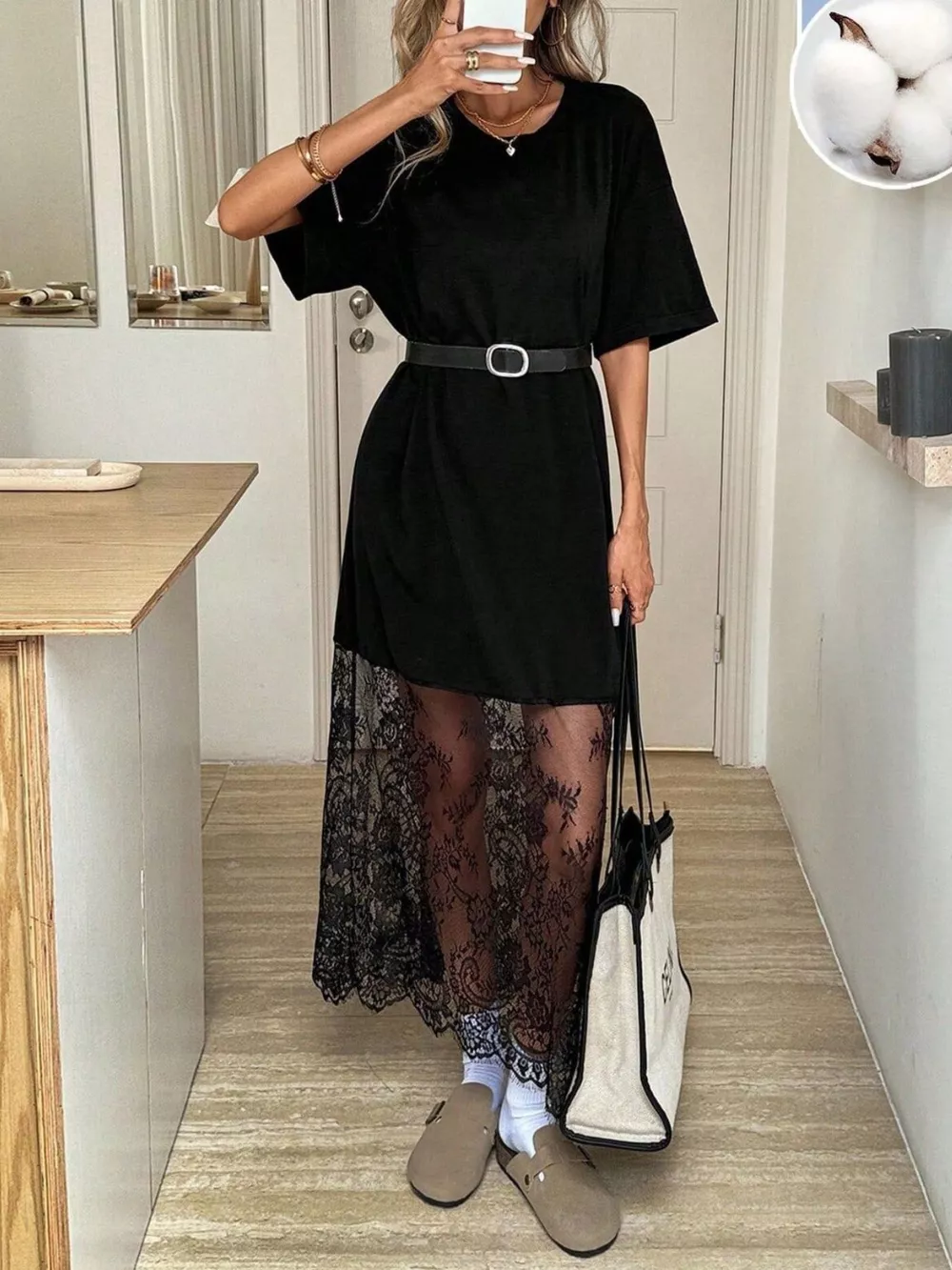 Floral Lace Hem Short Sleeve Tee Dress, image 4