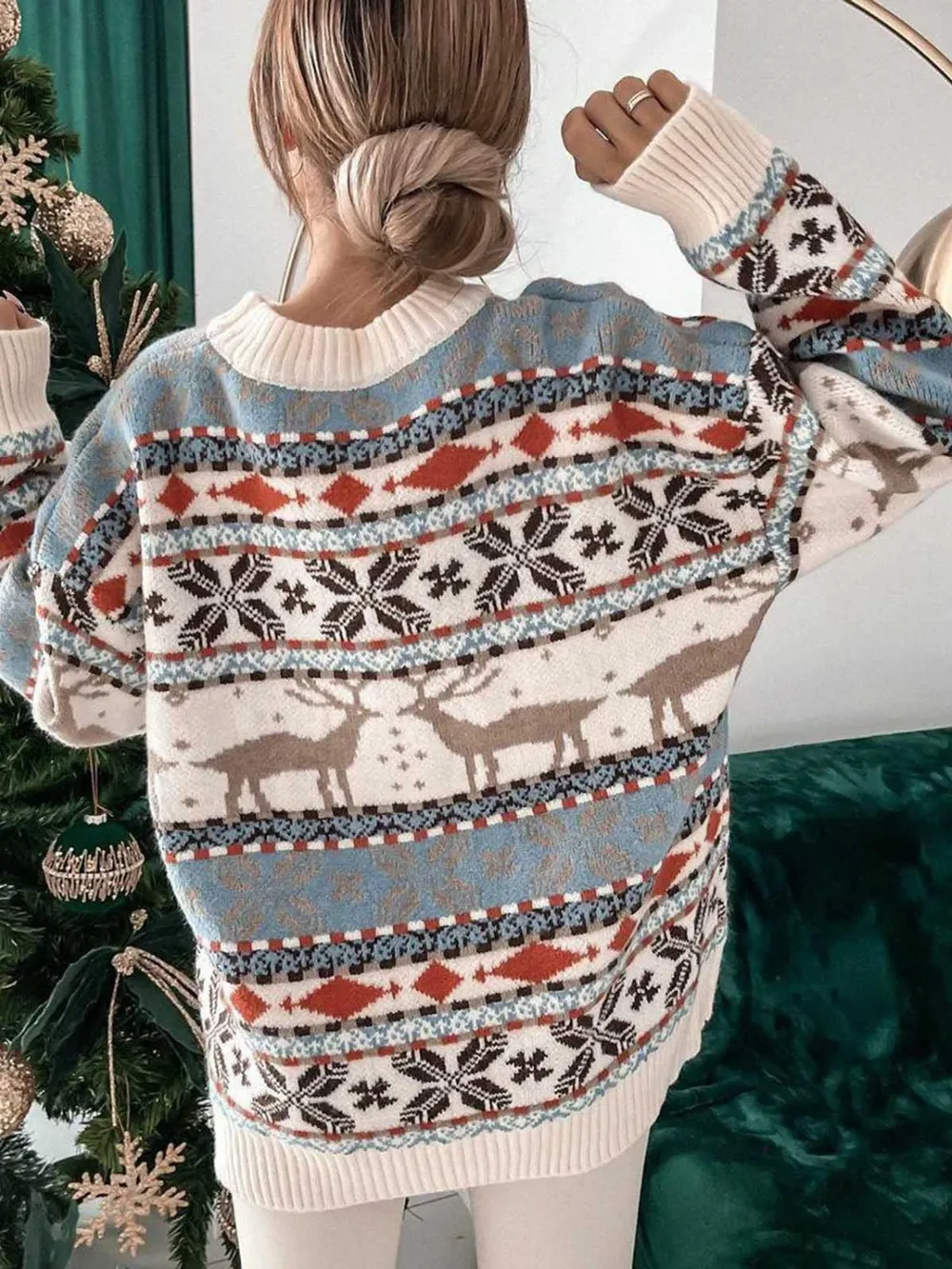 Geometric Round Neck Dropped Shoulder Sweater, image 4