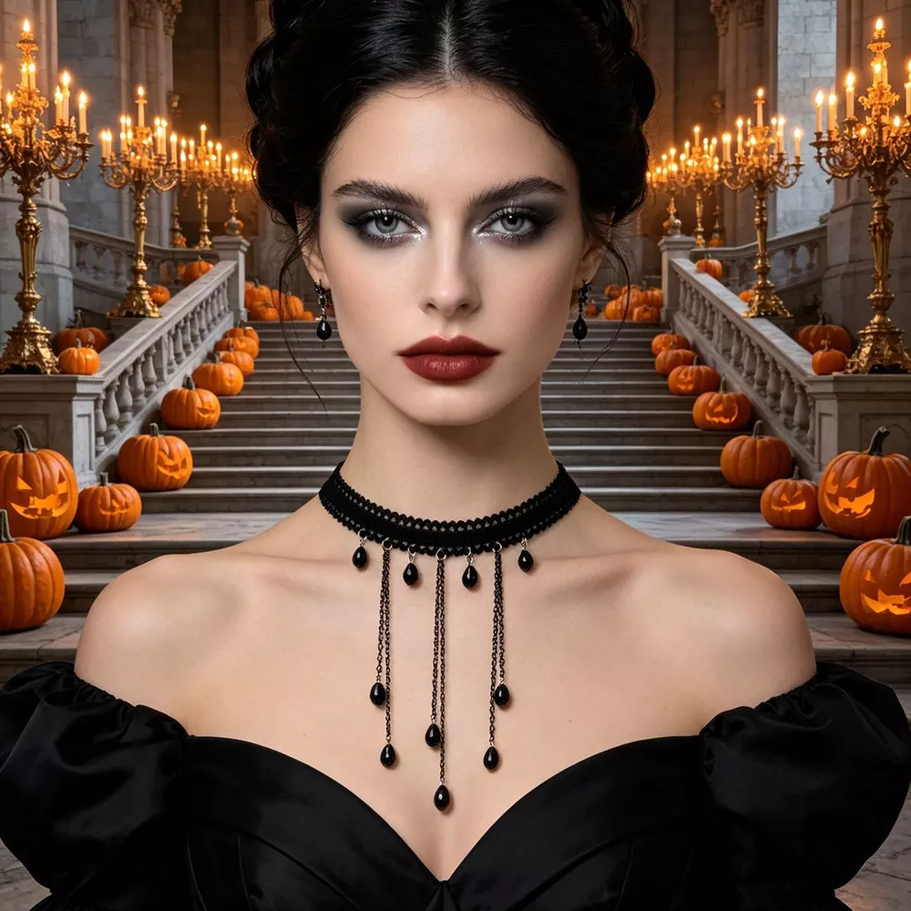 Gothic Lace Choker Necklace with Teardrop Dangle Charms, image 2