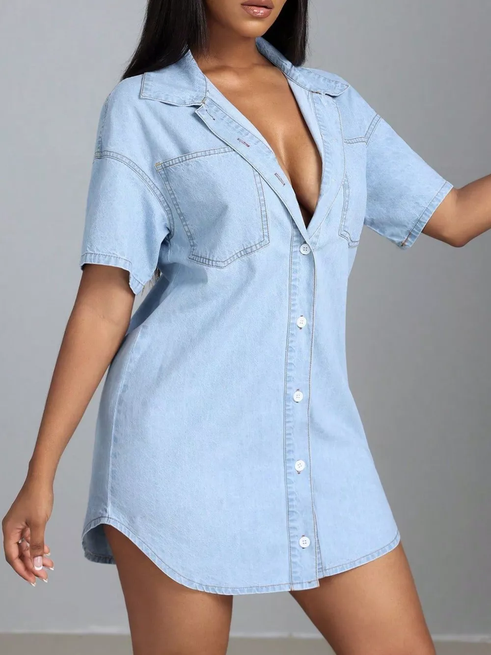 Button-Down Short Sleeve Denim Dress, image 4