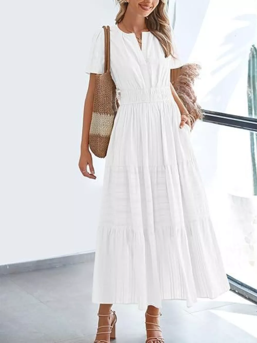 Notched Short Sleeve Tiered Dress, image 7