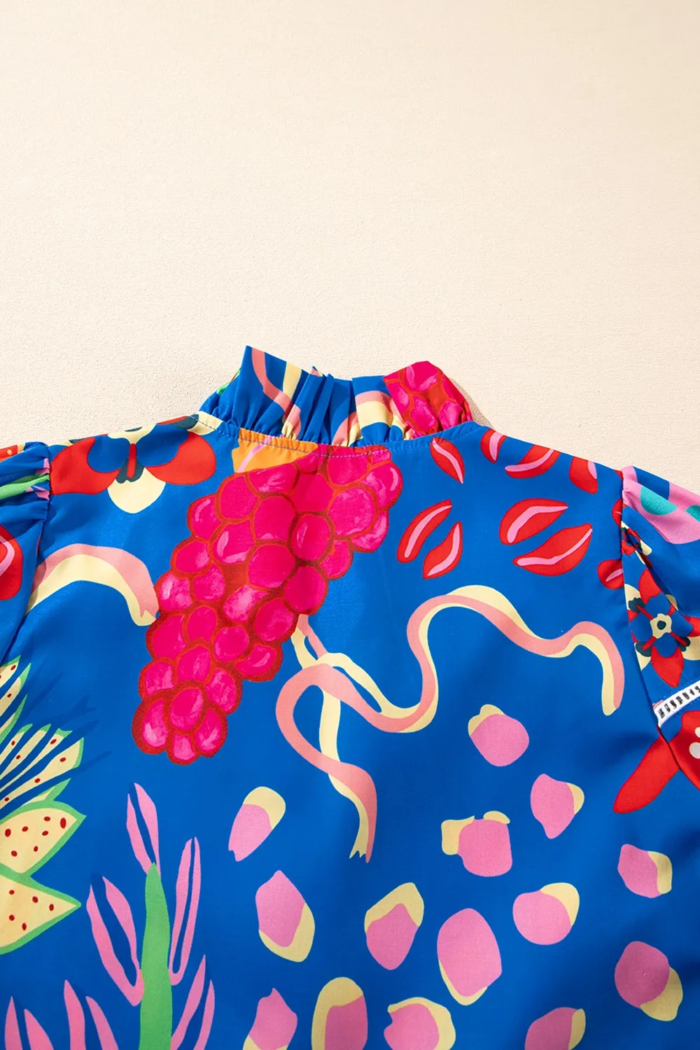 Abstract Print Frilled Collar Ruffled Puff Short Sleeve Top, image 5