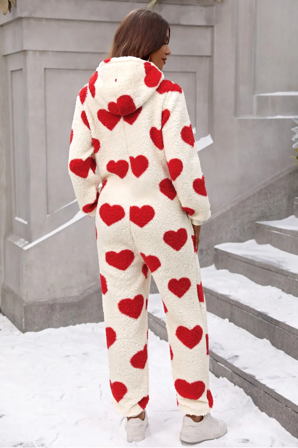 Fuzzy Heart Zip Up Hooded Lounge Jumpsuit, image 5