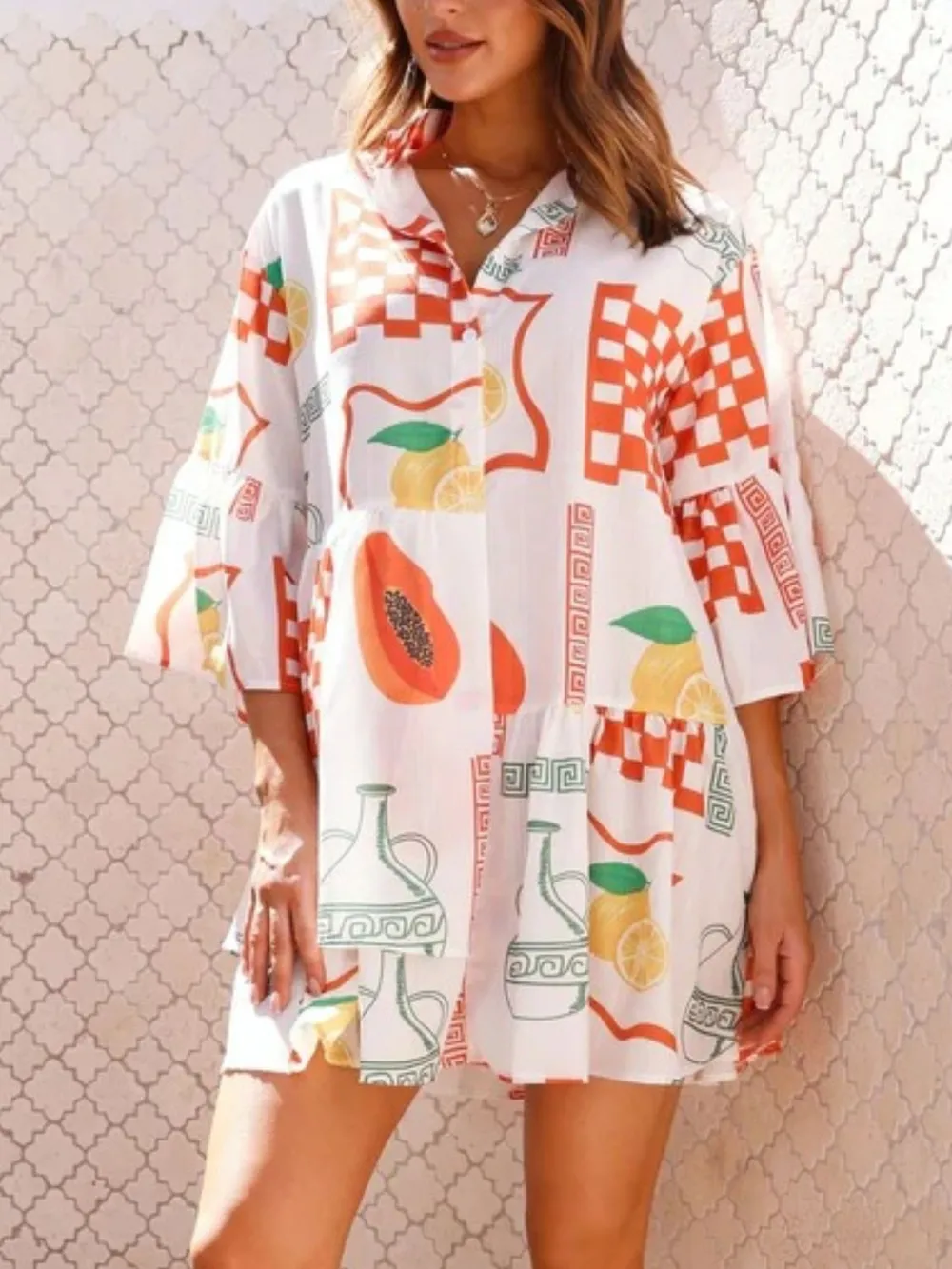 Printed Three-Quarter Sleeve Mini Dress, image 2