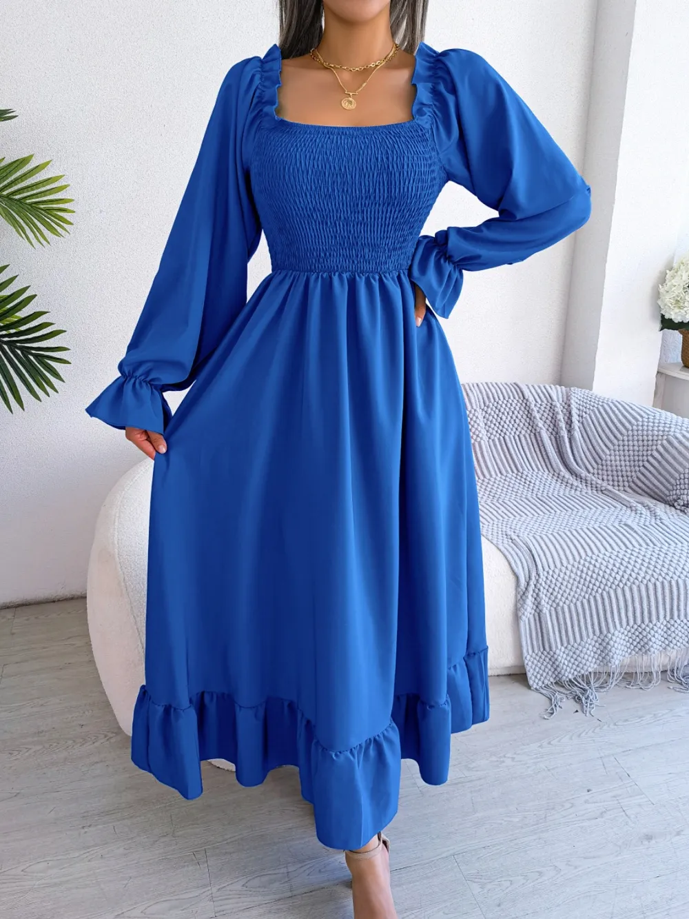 Smocked Square Neck Flounce Sleeve Dress, image 11