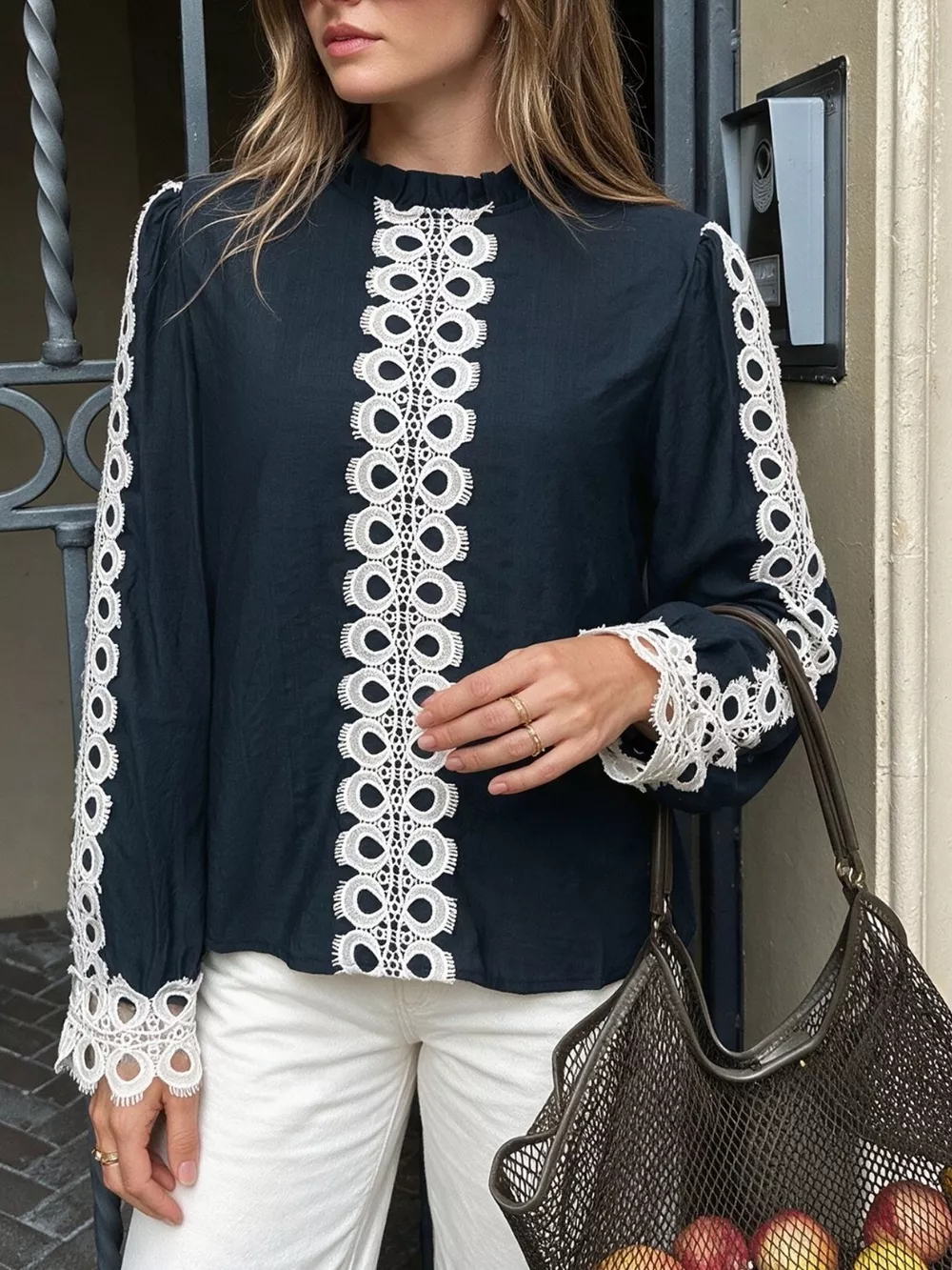 Lace Trim Long Sleeves Blouse, image 5