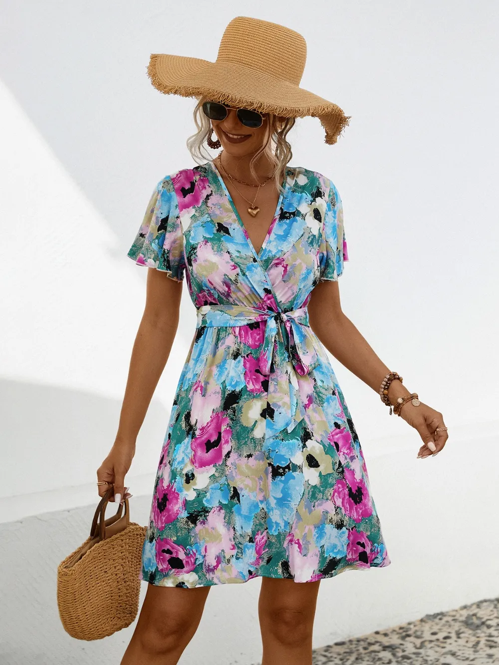 Printed Surplice Tie Waist Mini Dress, image 6