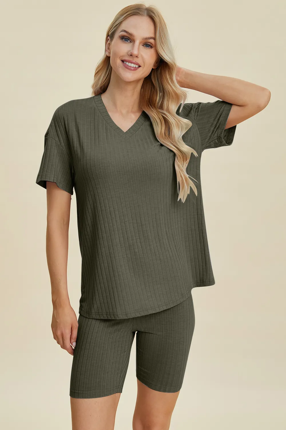 Full Size Ribbed V-Neck Short Sleeve Top and Shorts Set, image 13