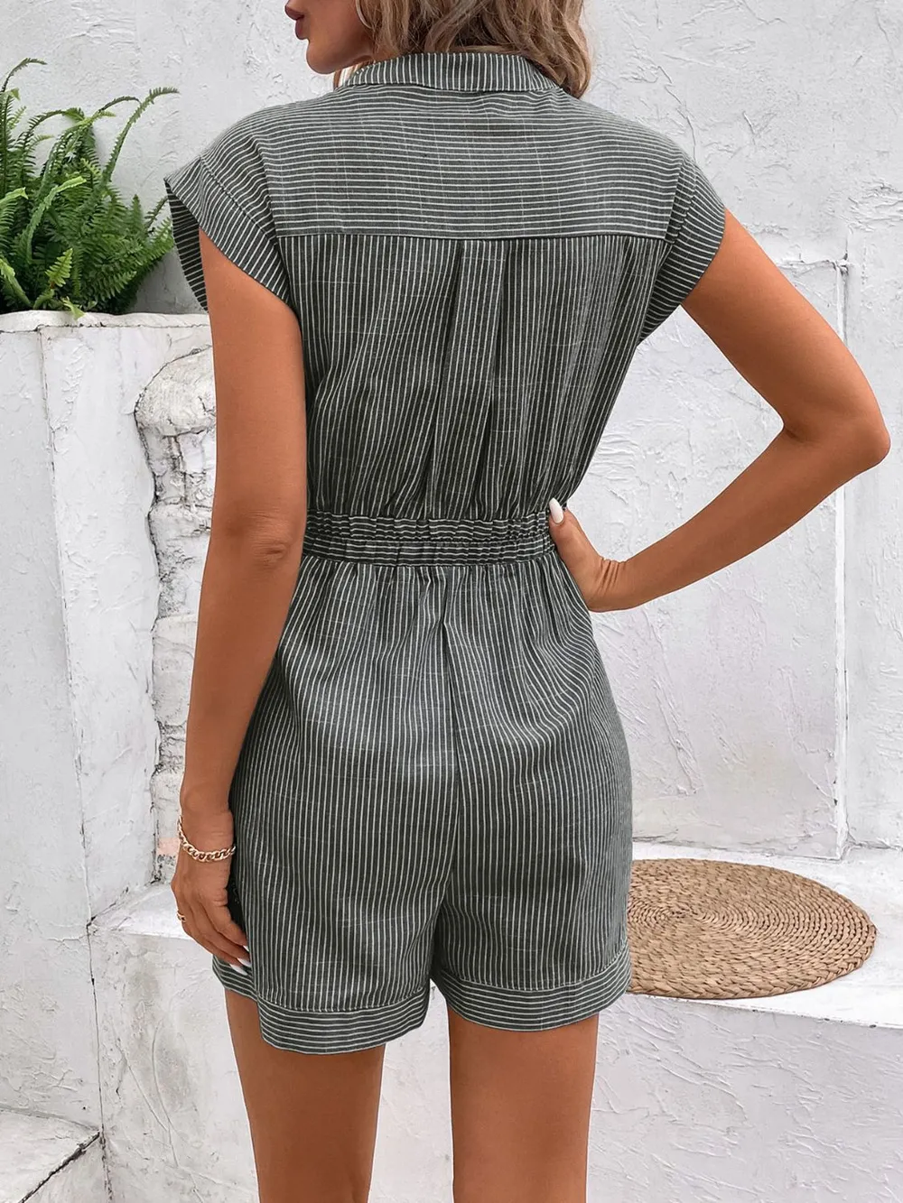 Striped Notched Tie Waist Romper, image 8