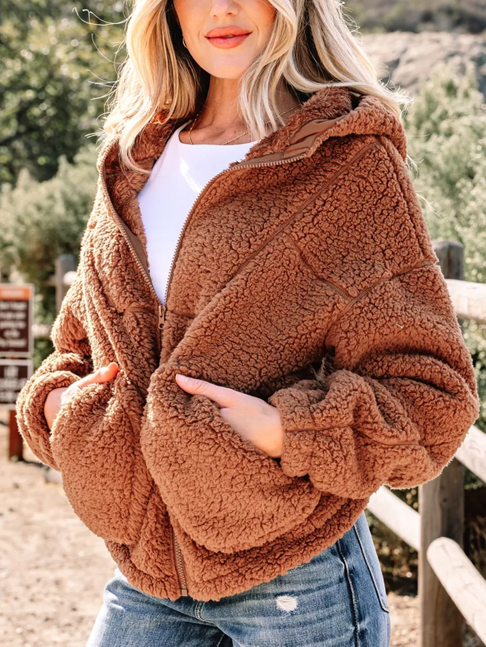 Zip Up Hooded Sherpa Jacket, image 4