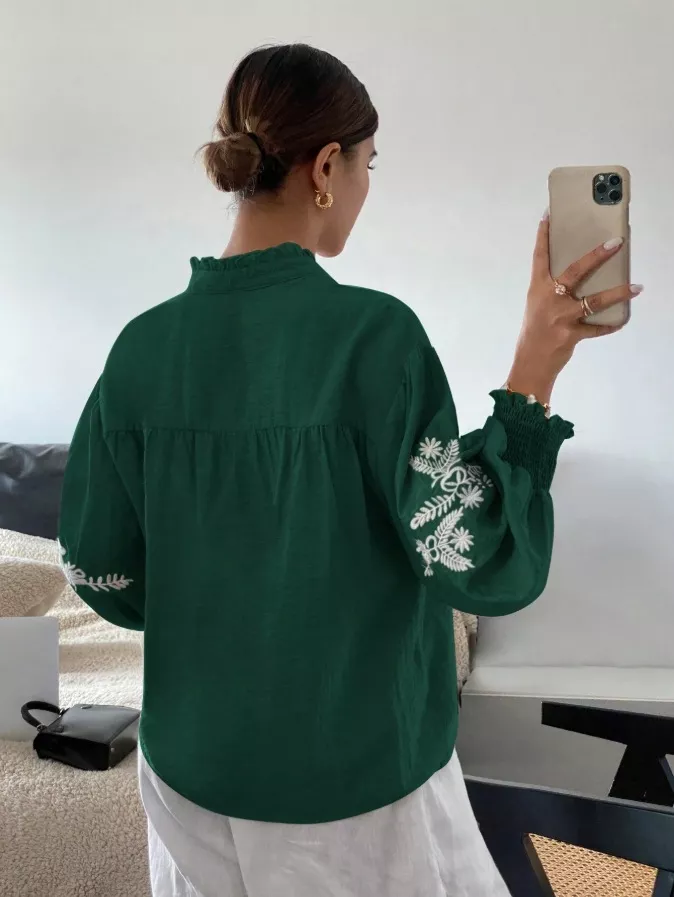 Embroidered Notched Long Sleeve Blouse, image 17