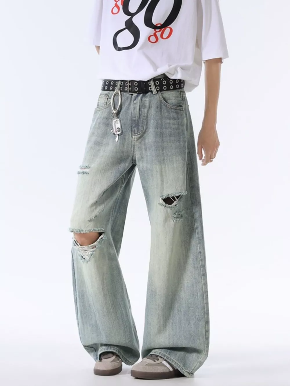 Men's Wash Distressed Wide Leg Jeans